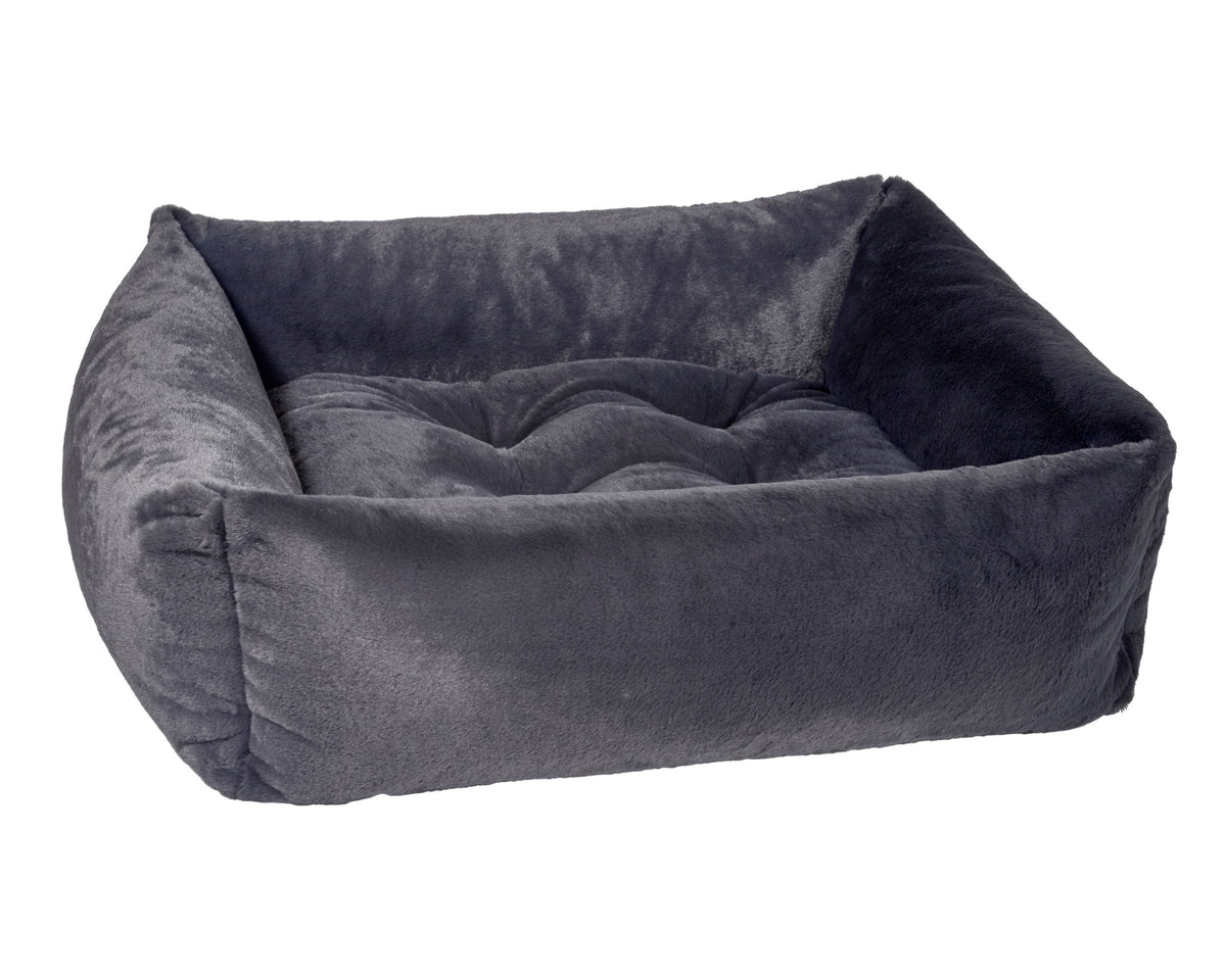 Franklin gray cushioned dog bed with raised bolster sides and padded base