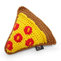 Crocheted pizza-slice dog toy with yellow crust, brown border, red pepperoni icons