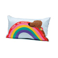 Decorative accent pillow, light blue with cartoon dog, rainbow, and “COLOR ME HAPPY” text.