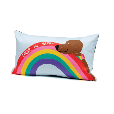 Decorative accent pillow, light blue with cartoon dog, rainbow, and “COLOR ME HAPPY” text.