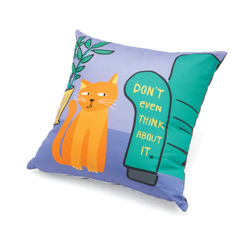 Accent pillow: orange cat on purple, teal panel says 'DON'T EVEN THINK ABOUT IT'