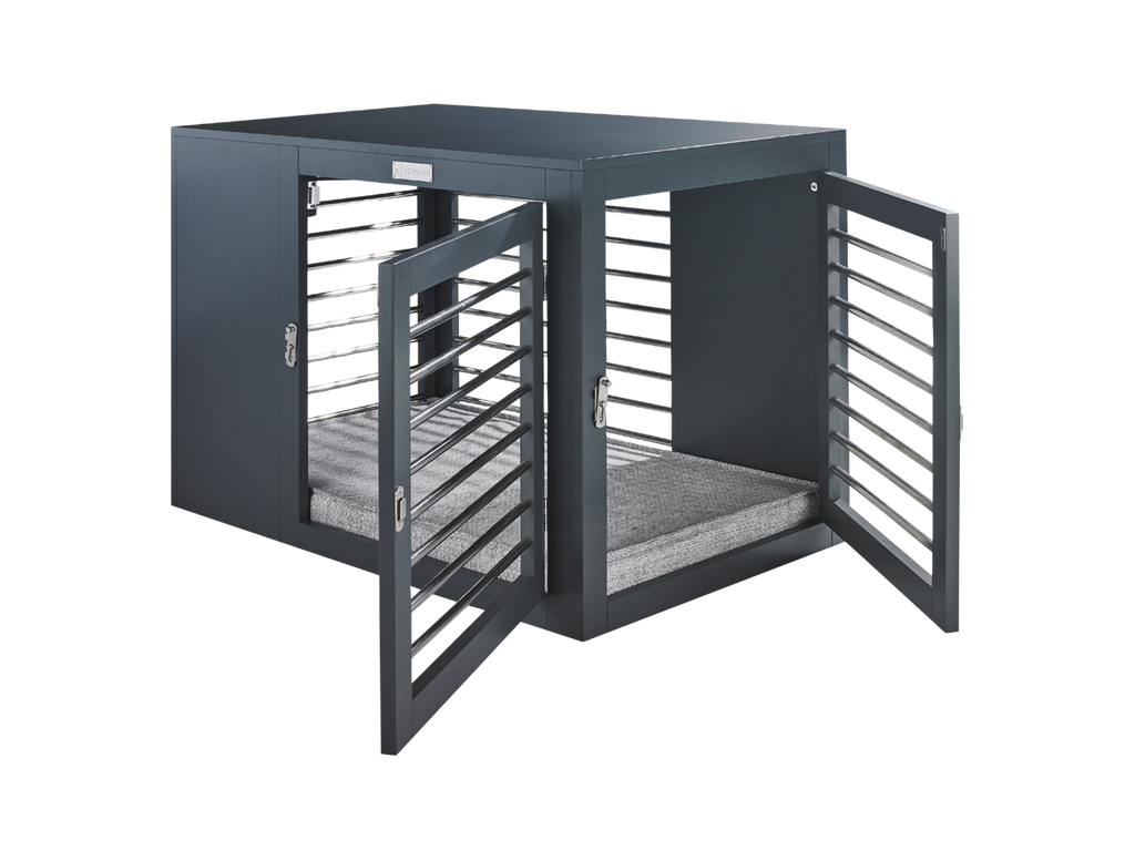 Gray modern luxury dog crate with both sides open, showing metal slat interior frame