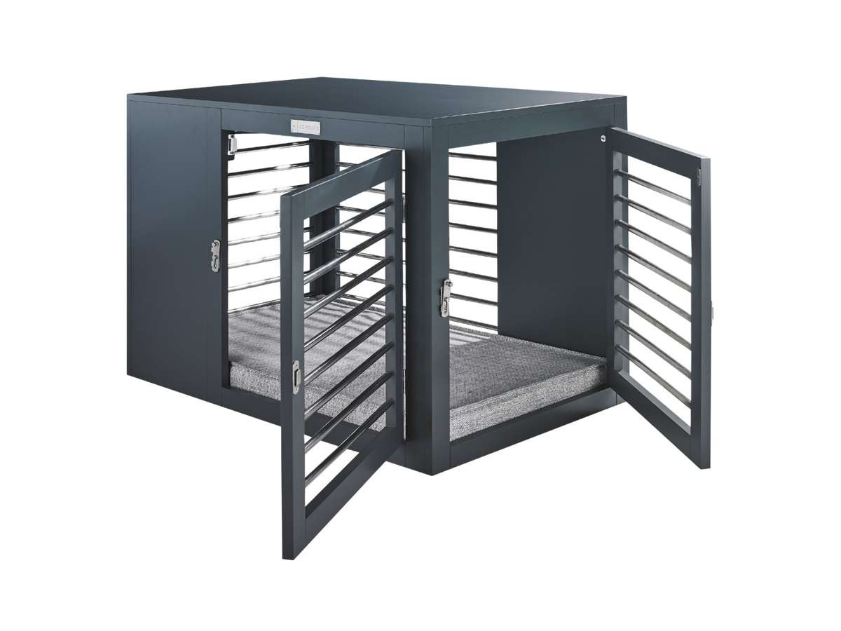Gray modern luxury dog crate with both sides open, showing metal slat interior frame