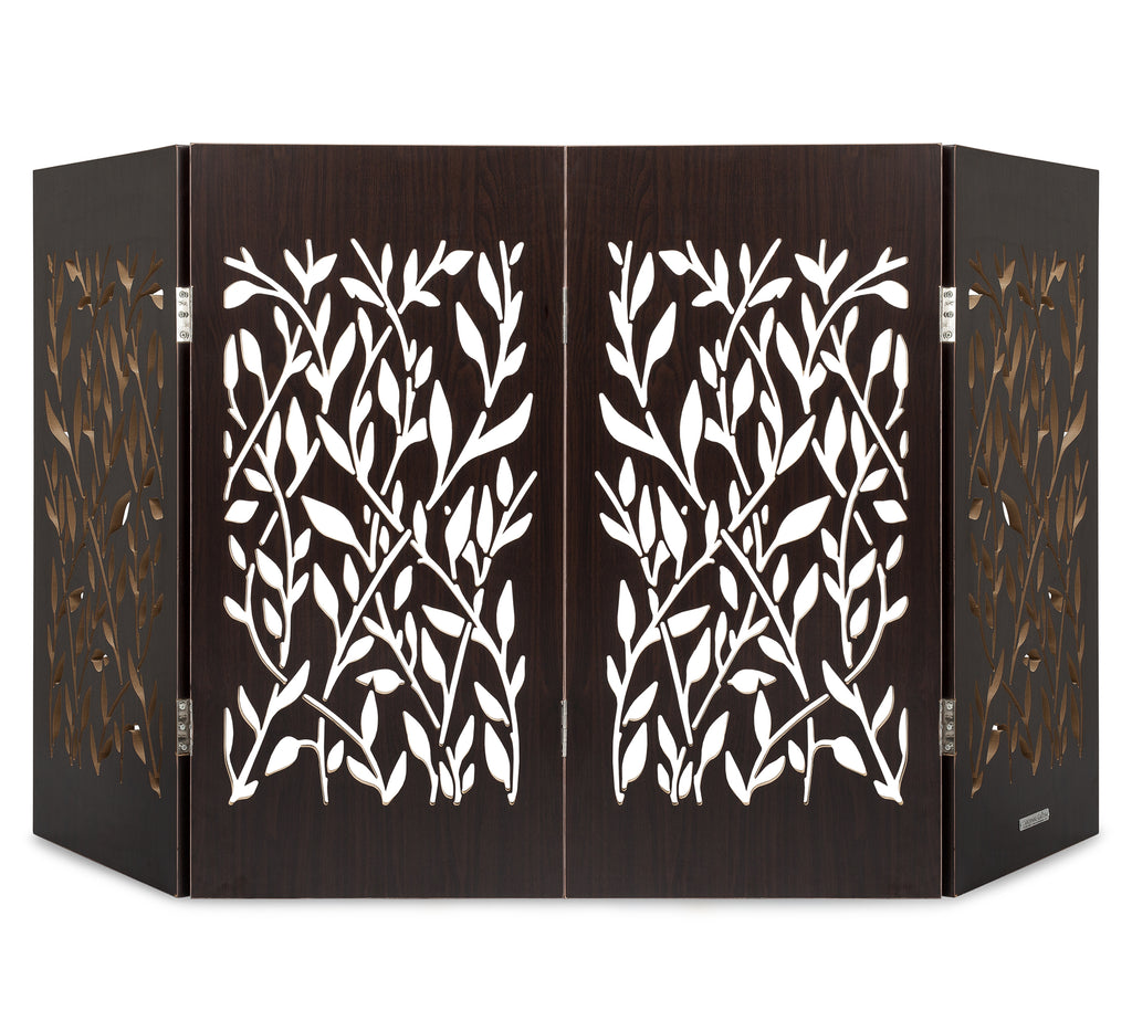 3-panel freestanding dog gate with gold vine cutouts on black folding screen