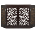 3-panel freestanding dog gate with gold vine cutouts on black folding screen