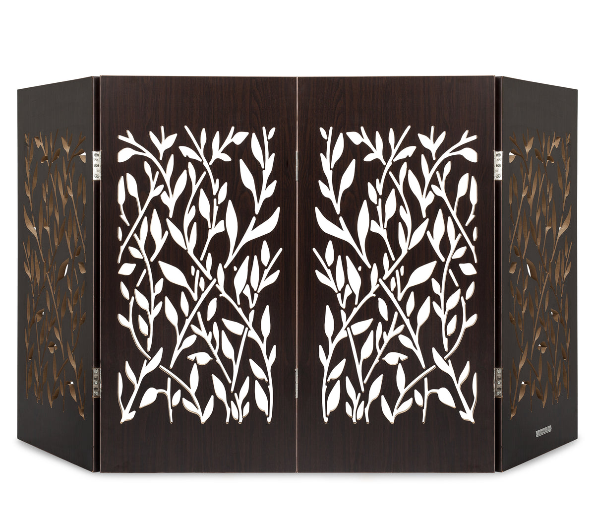 3-panel freestanding dog gate with gold vine cutouts on black folding screen