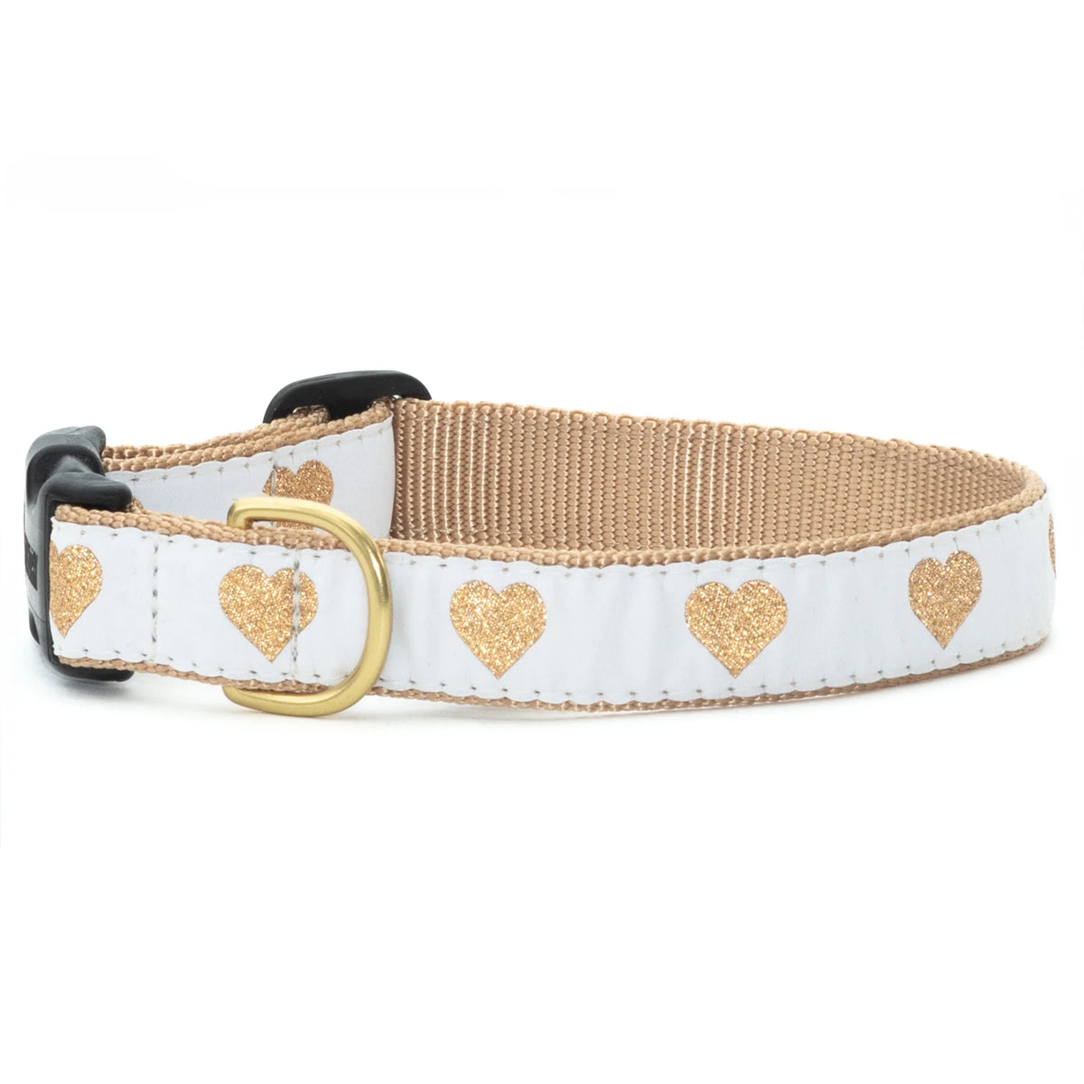 White dog collar with gold heart pattern, tan webbing, and gold metal buckle
