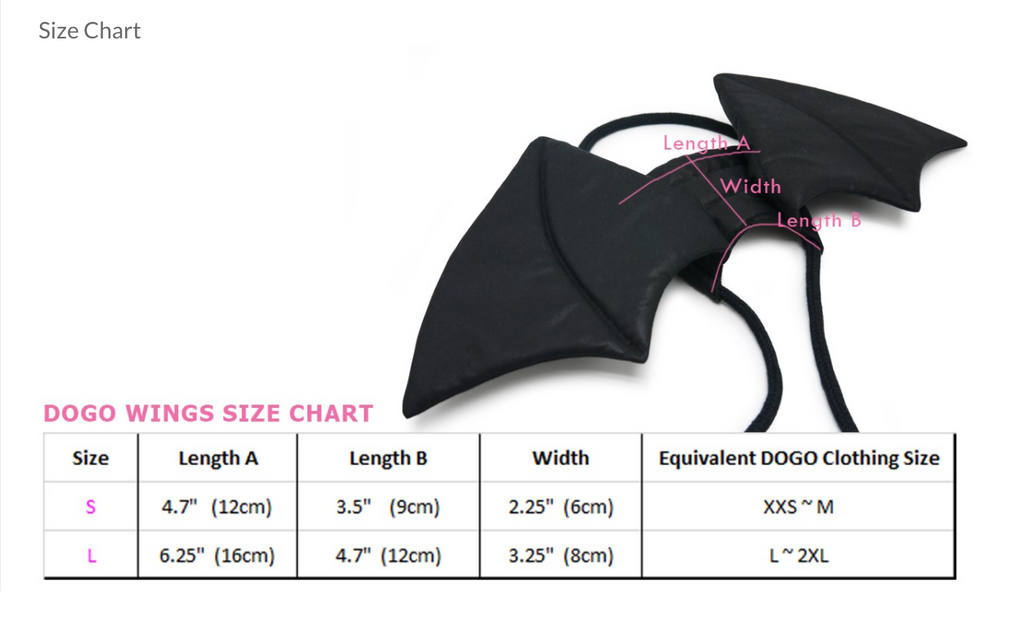 Black dragon wings dog Halloween costume with size chart layout and measurement arrows