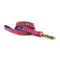 Handmade cotton dog leash with colorful paw print weave, red and blue, gold metal clasp