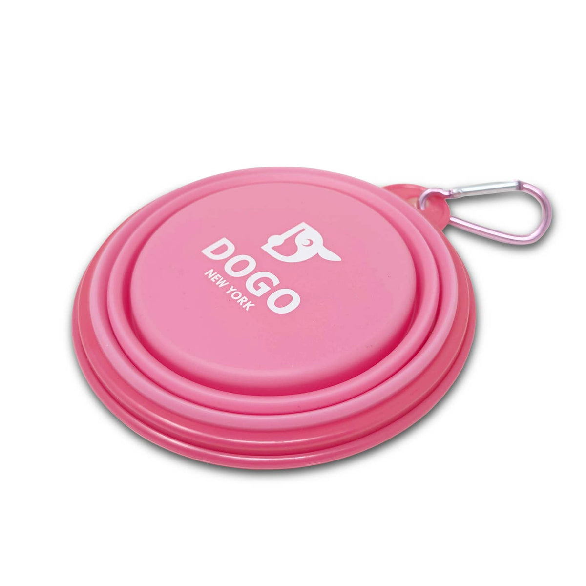 Pink collapsible dog water bowl with DOGO NEW YORK logo and metal carabiner clip.