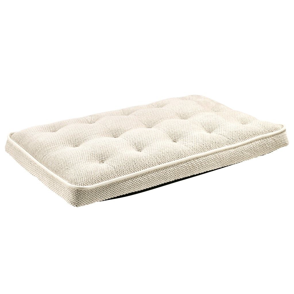 Off-white tufted crate mattress with quilted top and breathable fabric cover