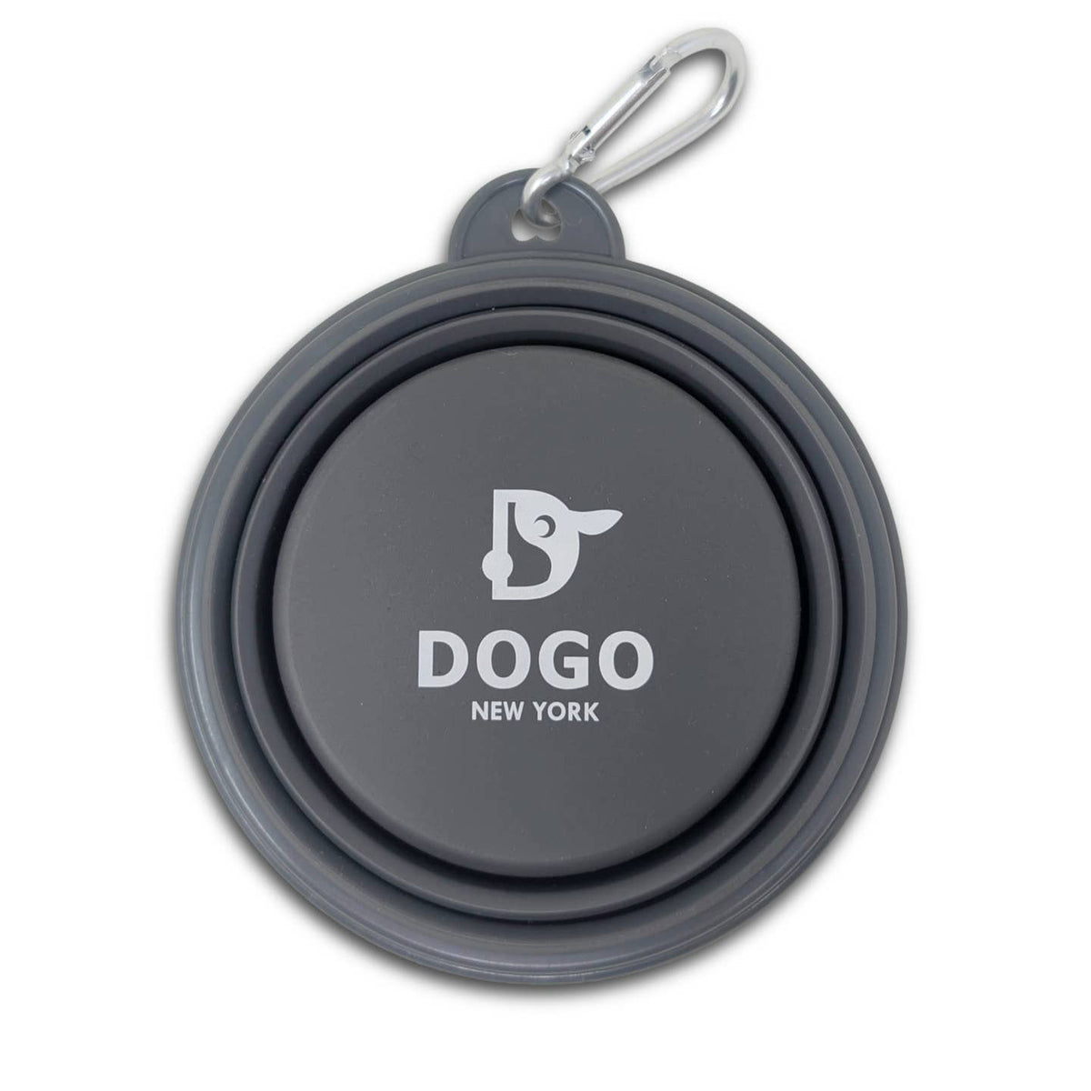 Gray collapsible dog water bowl with DOGO NEW YORK logo and metal clip loop.