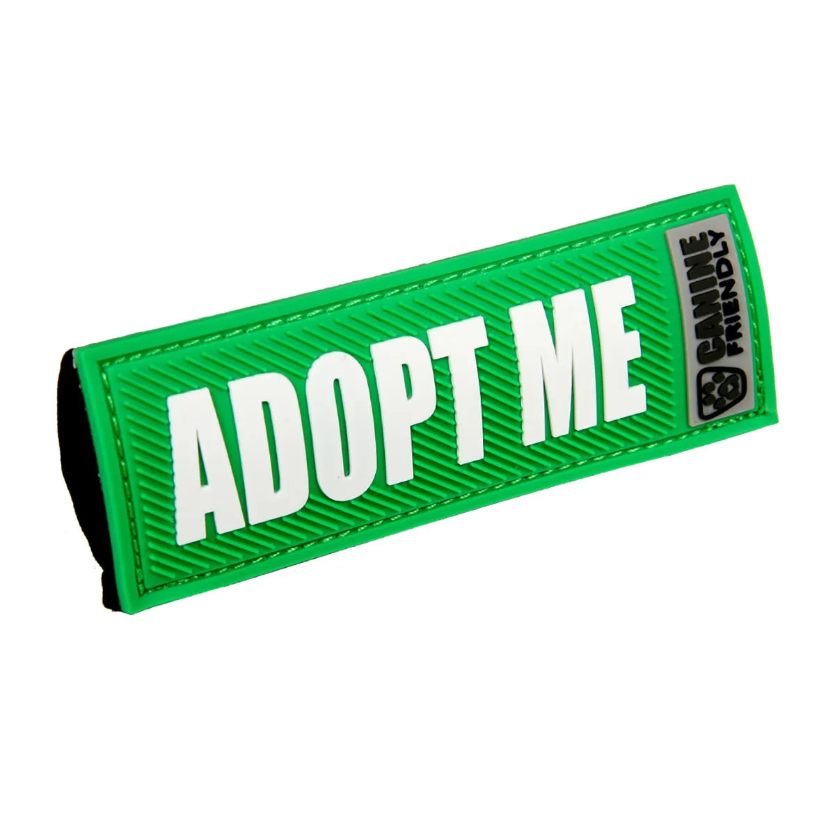 Green slide-on dog safety badge reading "ADOPT ME"