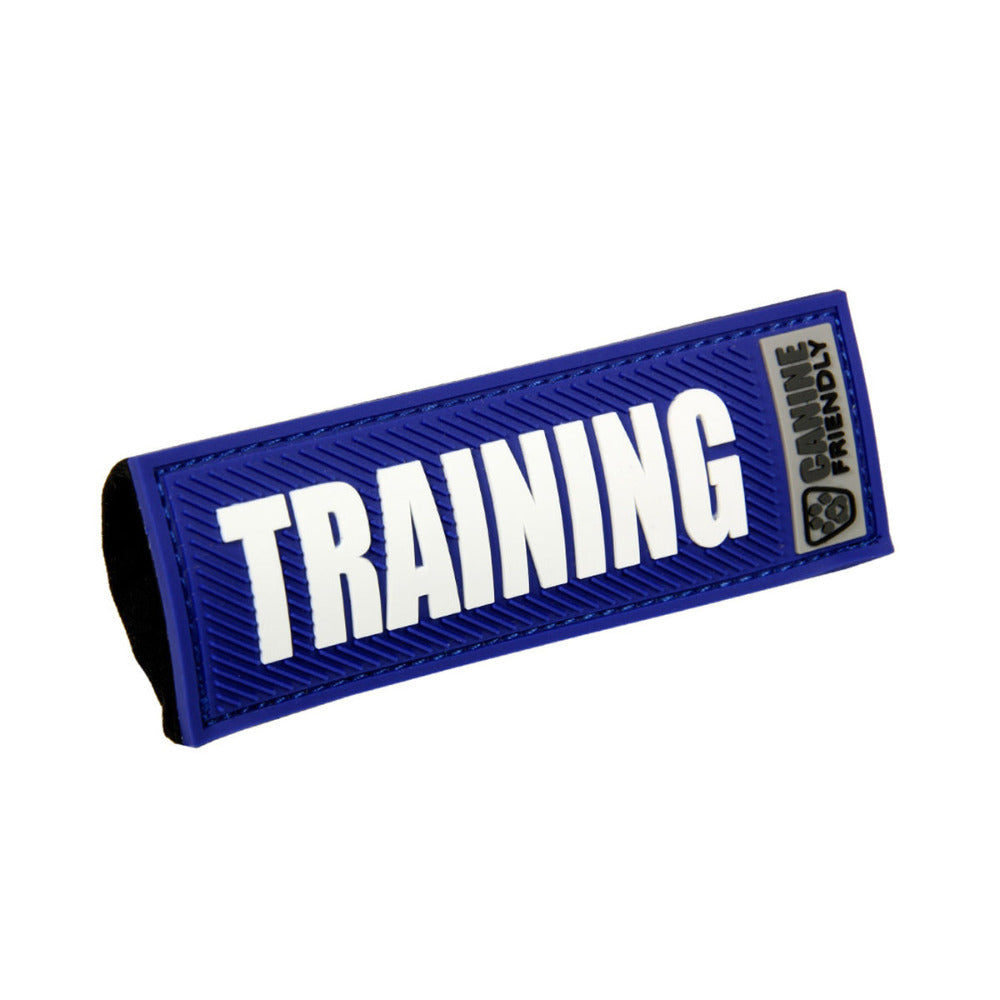 Blue slide-on dog safety badge with bold “TRAINING” lettering