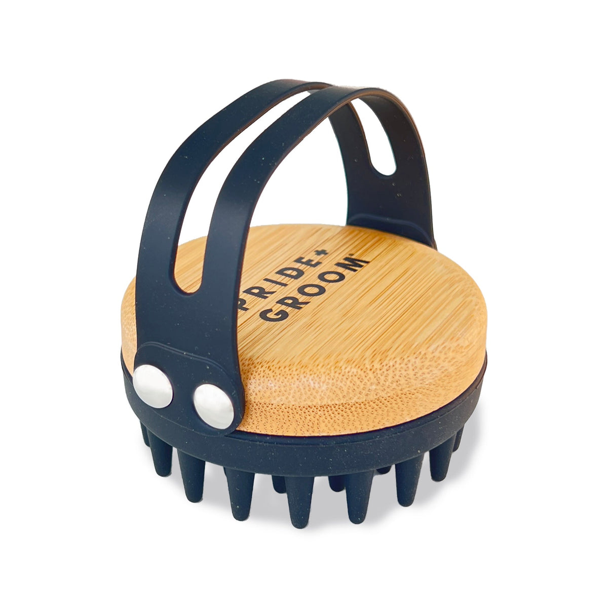Wood-and-bristle dog grooming brush with navy handle and leather strap.