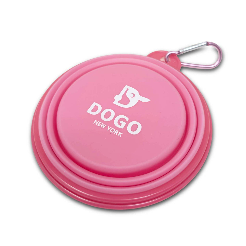 Pink collapsible dog water bowl lid with DOGO NEW YORK logo and metal carabiner clip.