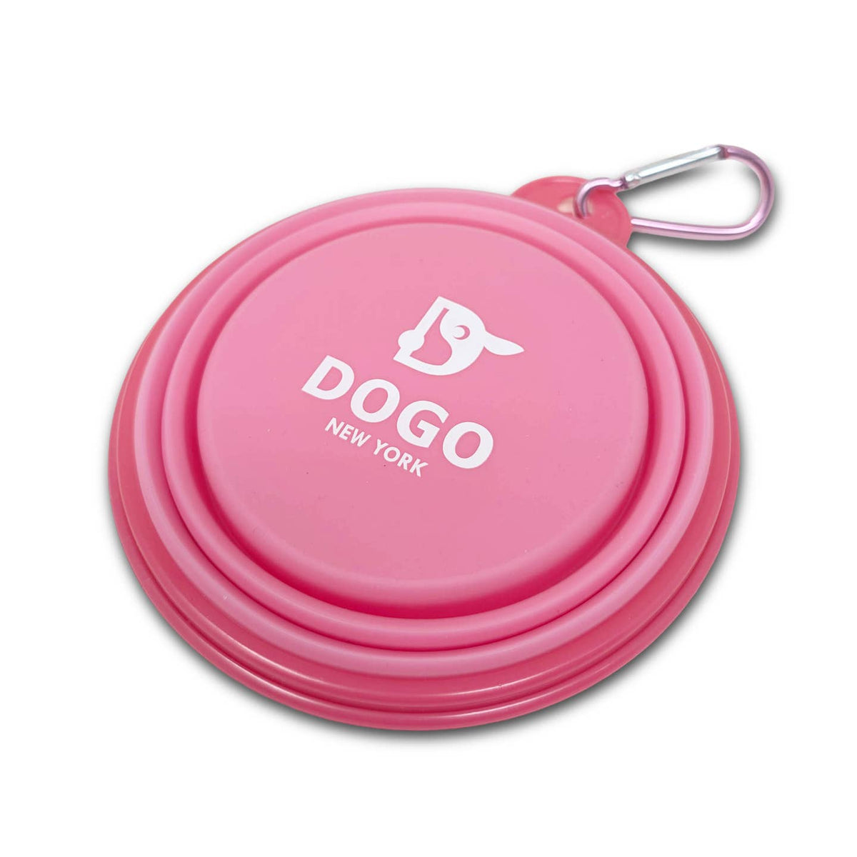Pink collapsible dog water bowl lid with DOGO NEW YORK logo and metal carabiner clip.