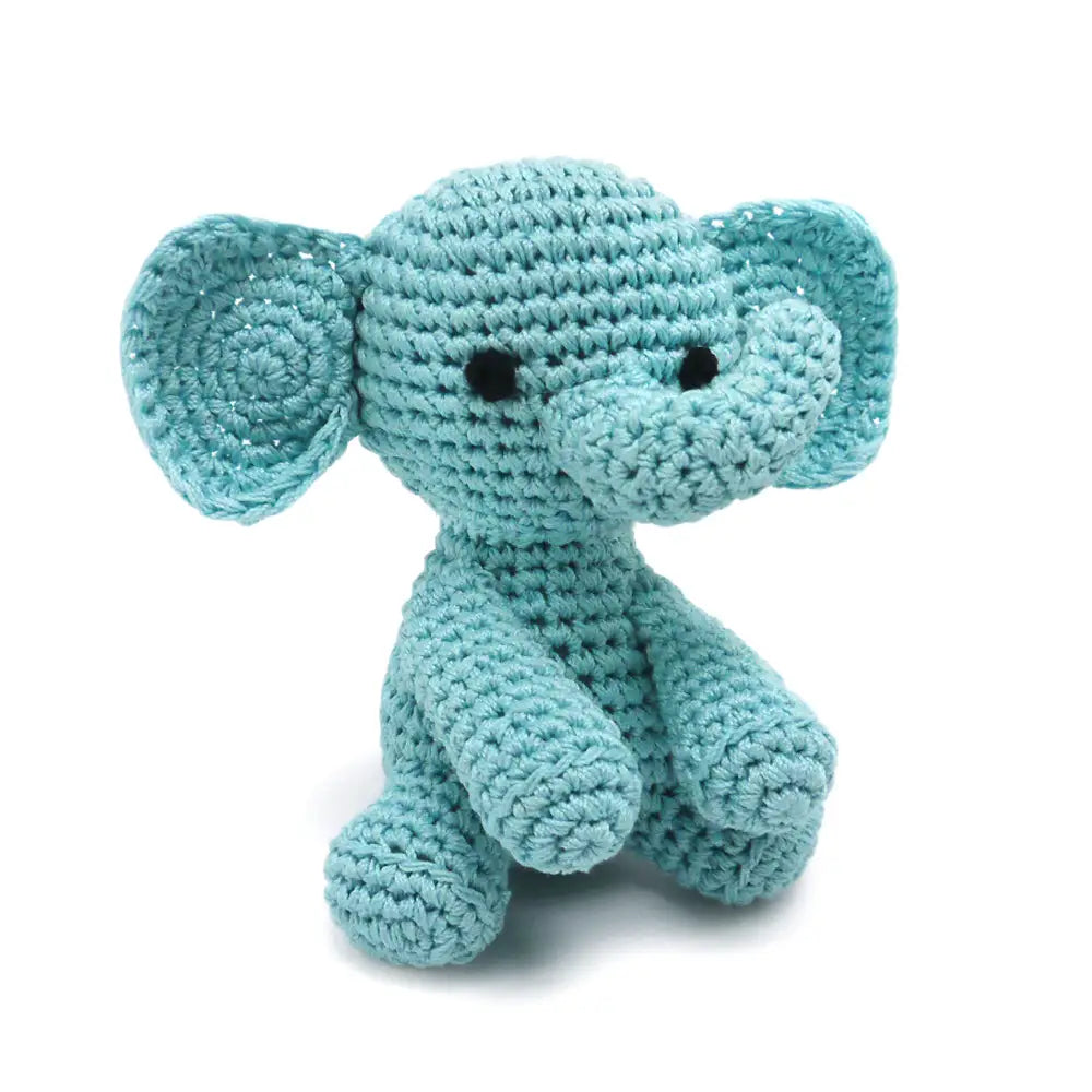 Crocheted elephant dog toy, light blue stuffed animal with squeaker and black eyes