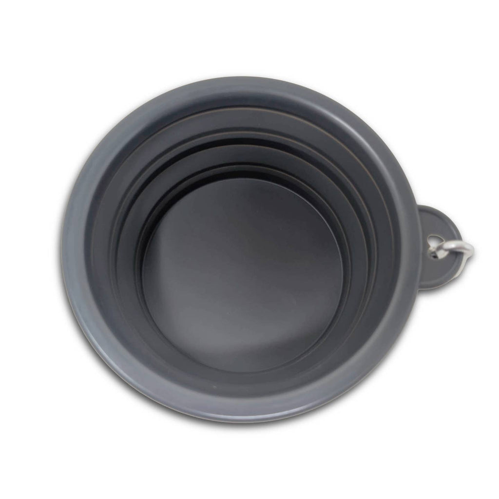Gray collapsible dog water bowl with empty inner basin, shown folded with handle.
