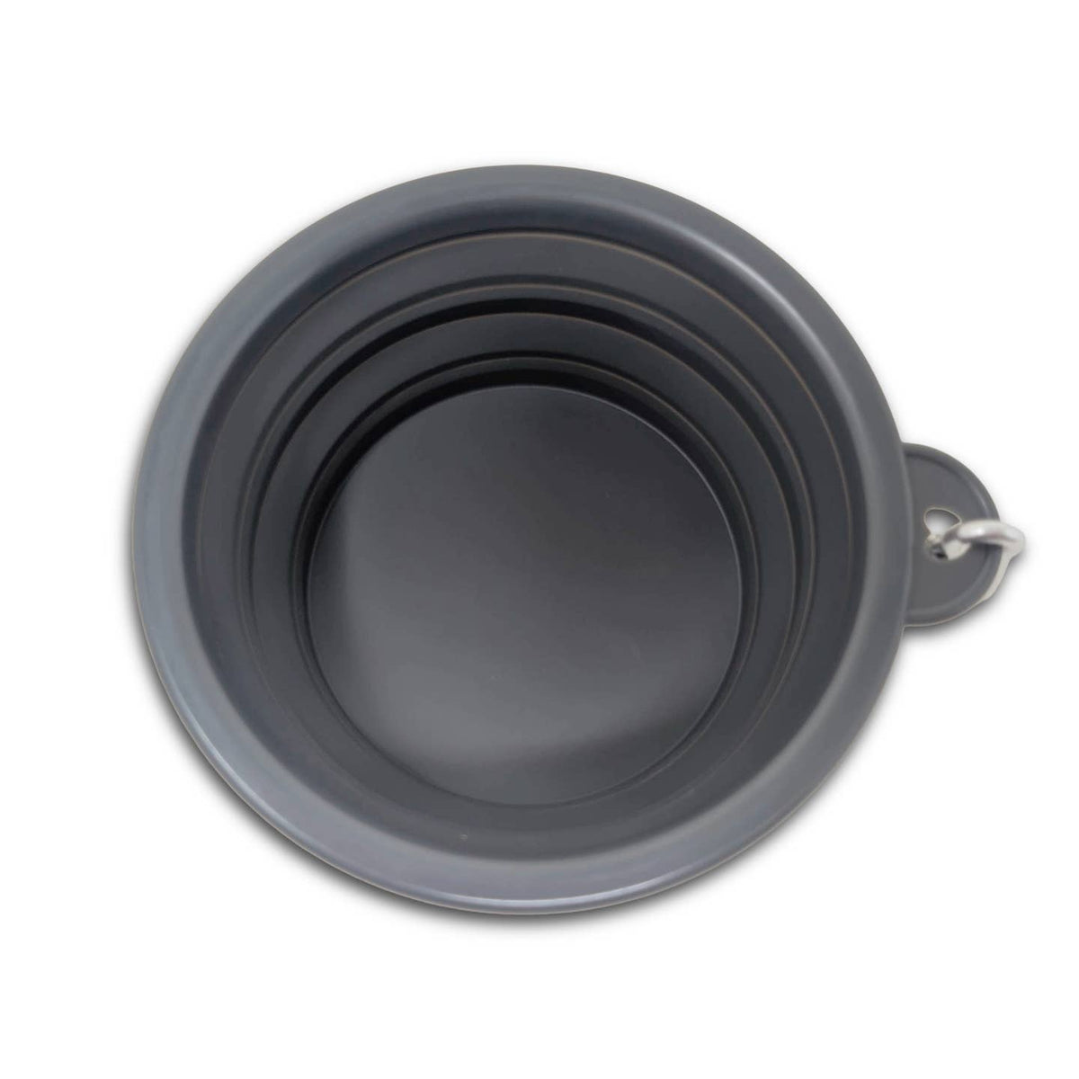 Gray collapsible dog water bowl with empty inner basin, shown folded with handle.