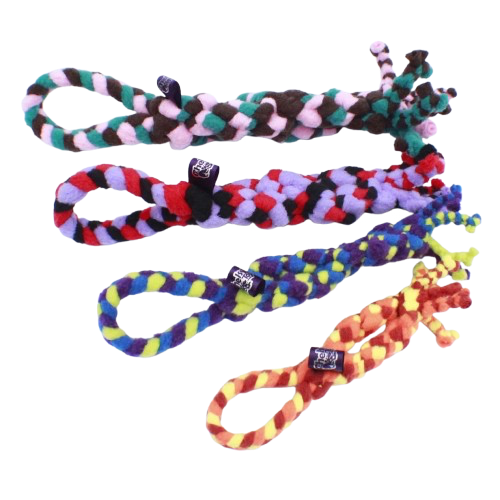 Assorted striped fleece tug toys with plush ends and braided loop handles