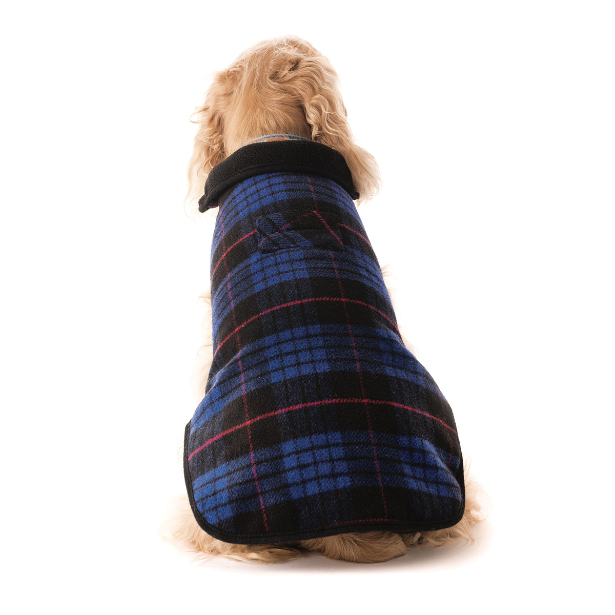 Blue plaid fleece-lined dog coat, back view with black collar