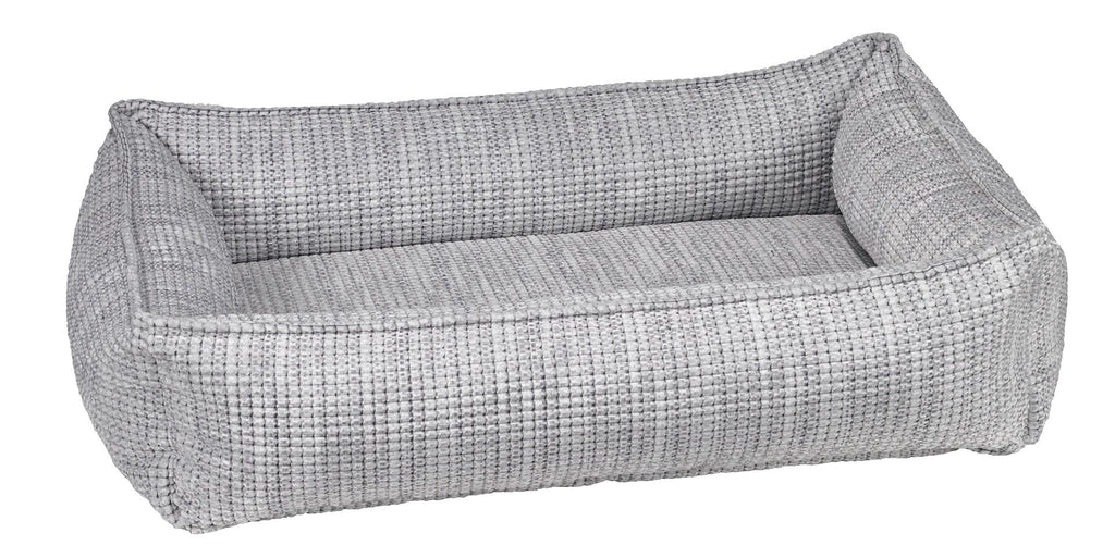 Glacier gray woven dog bed with raised bolster cushions