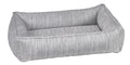 Glacier gray woven dog bed with raised bolster cushions