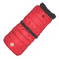 Red quilted dog parka with thick dark collar, snap front, and adjustable straps