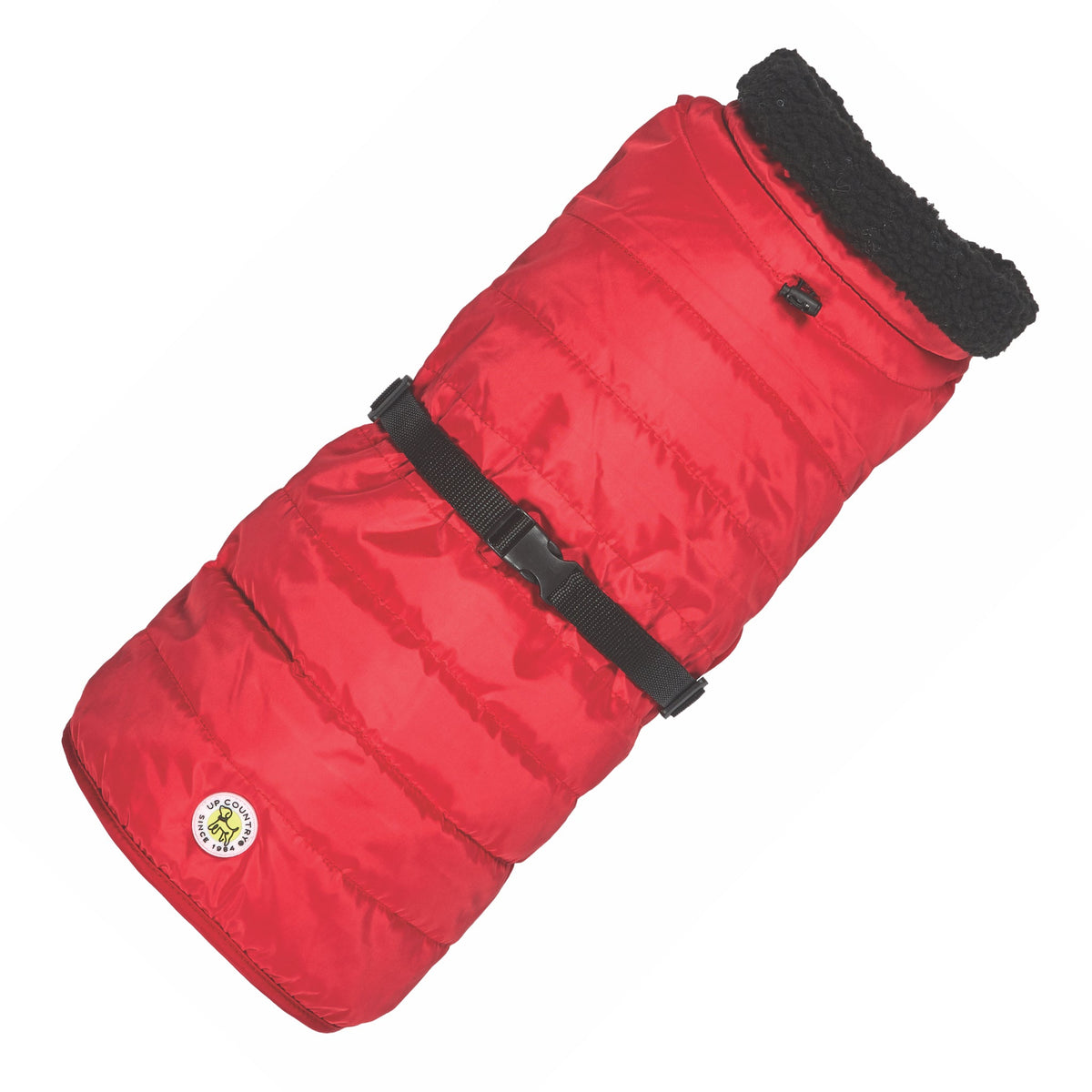 Red quilted dog parka with thick dark collar, snap front, and adjustable straps