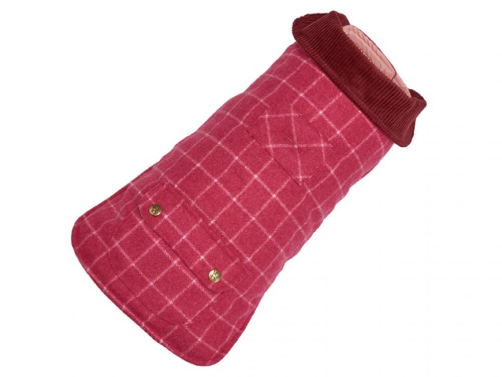 Maroon plaid tweed-style dog coat with corduroy collar and two snap buttons