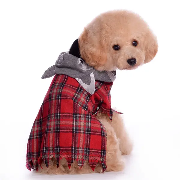 Werewolf dog costume red plaid dress with gray hood and wolf ear headpiece