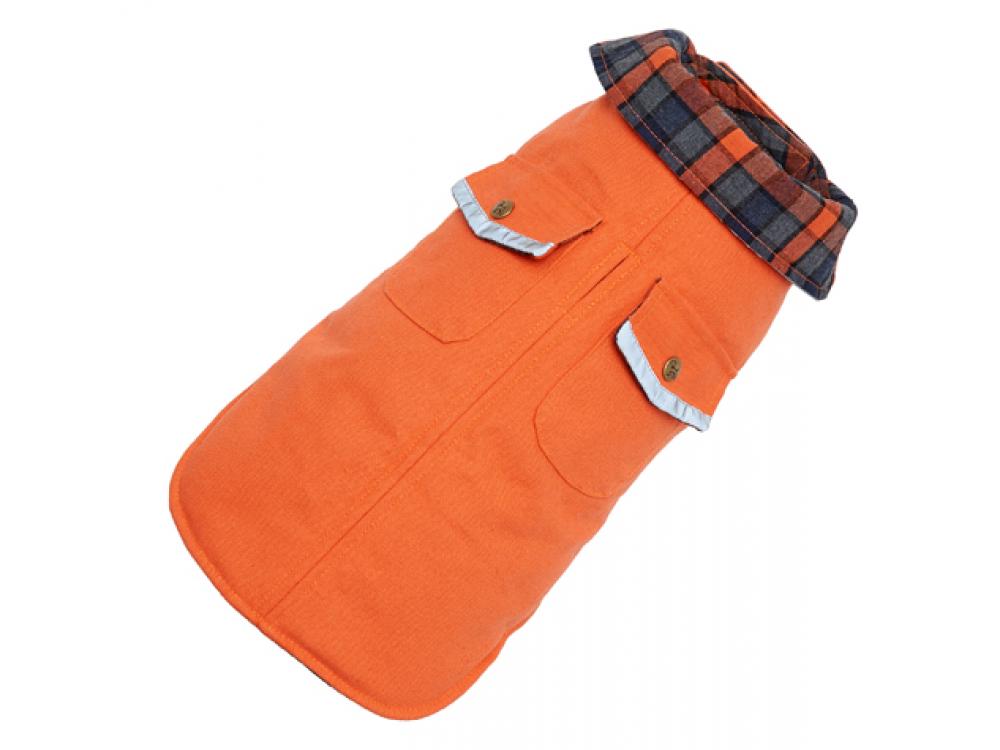 Orange dog field coat with plaid collar and front snaps, folded hood detail