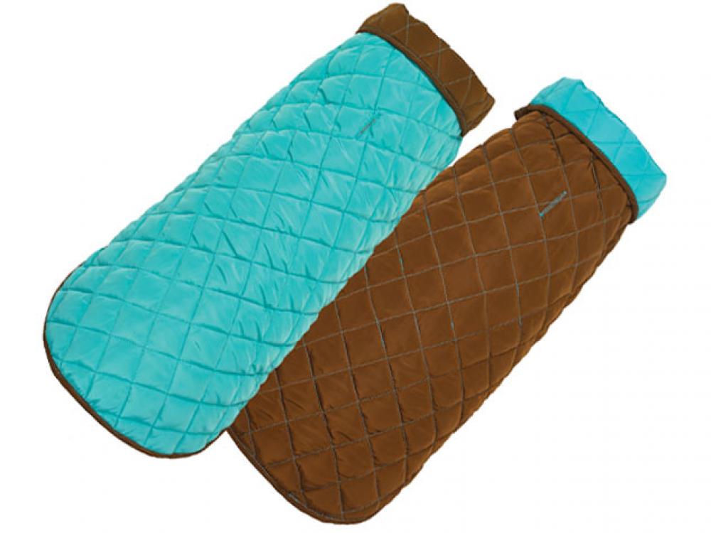 Diamond-quilted dog coat, aqua blue with brown side panels