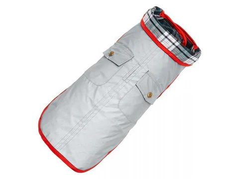 Gray reflective dog jacket laid flat, red trim and plaid-lined hood opening