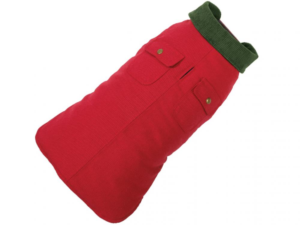 Red dog barn coat with ribbed green collar and snap front pockets