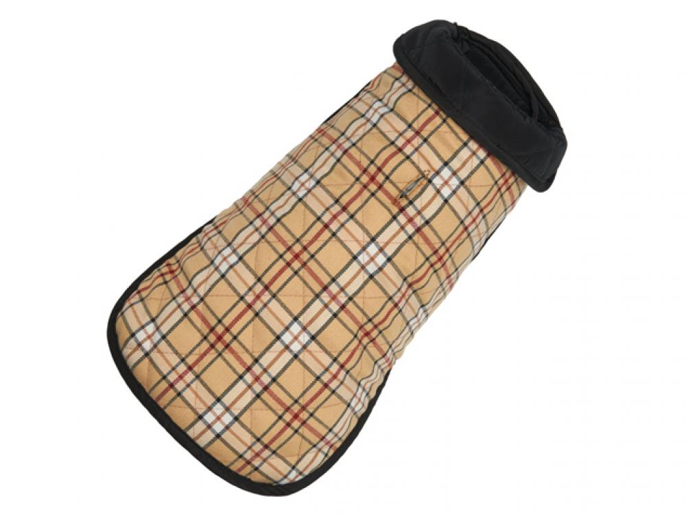 Tan plaid diamond quilted dog coat with black trim and hood