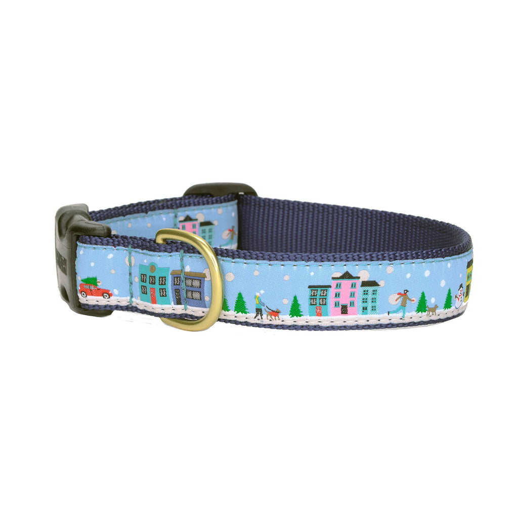 Blue dog collar with Christmas city print and gold buckle