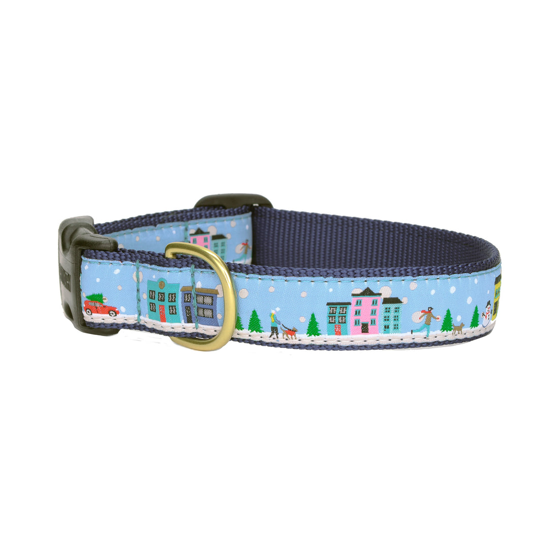 Blue dog collar with Christmas city print and gold buckle