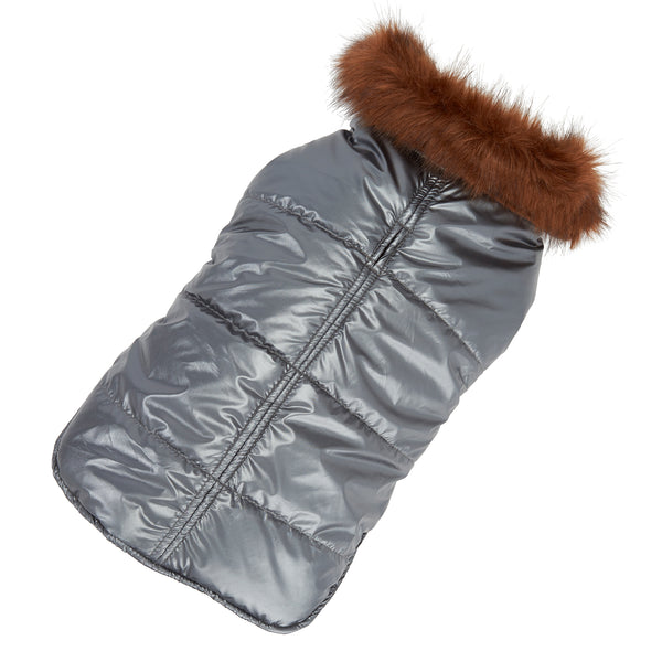 Metallic silver dog puffer coat with brown faux-fur trim hood and quilted panels