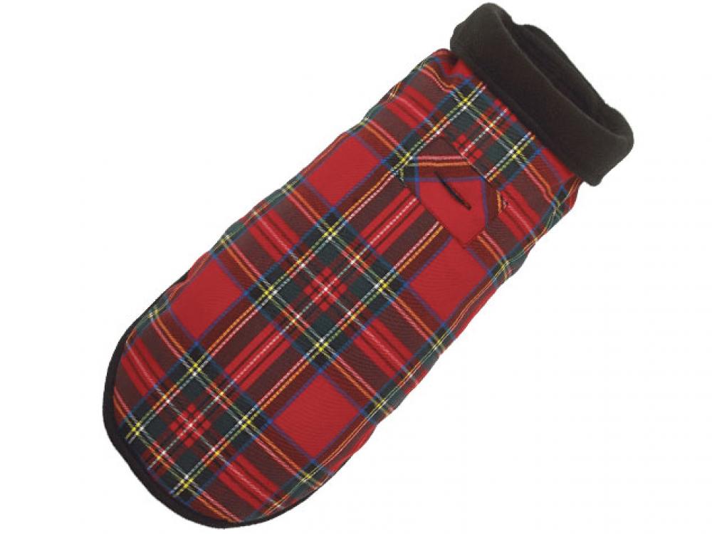 Red plaid fleece-lined dog coat laid flat, dark top collar and front strap
