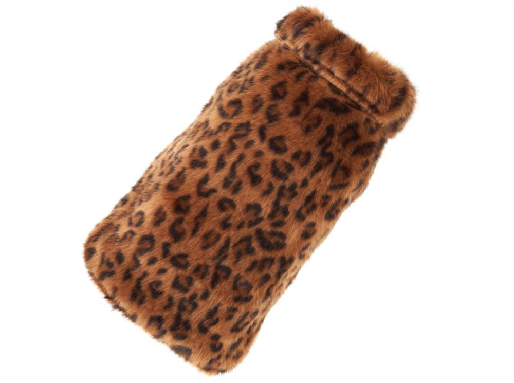 Up Country brown leopard-print faux fur dog coat, plush open-front style