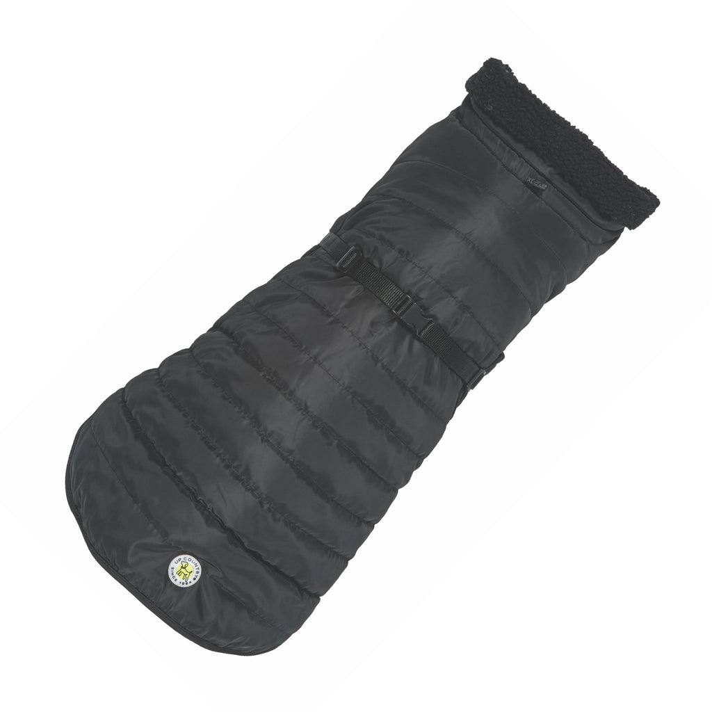 Black quilted dog parka with thick dark collar and adjustable front straps