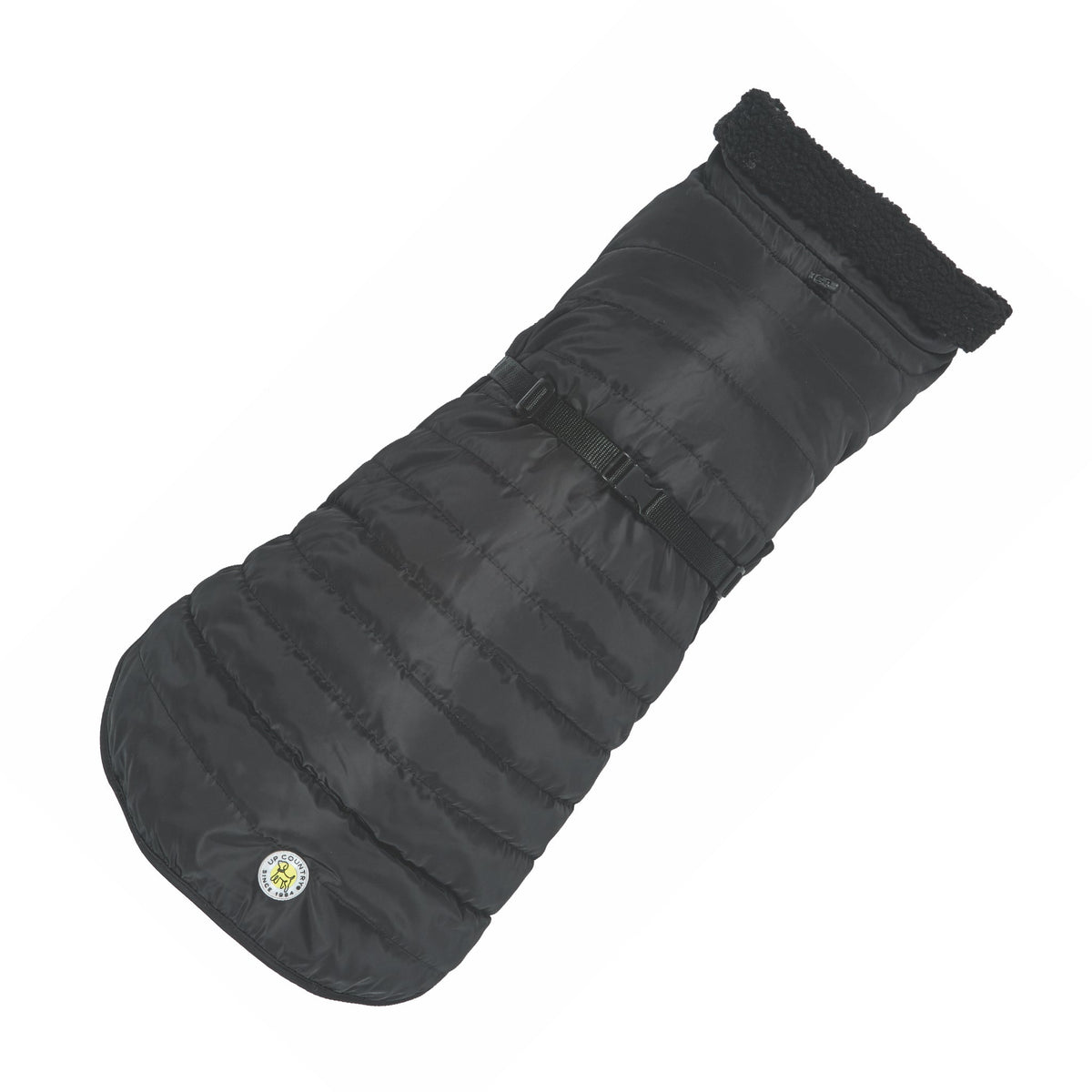 Black quilted dog parka with thick dark collar and adjustable front straps
