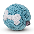 Blue crocheted dog ball toy with white bone appliqué