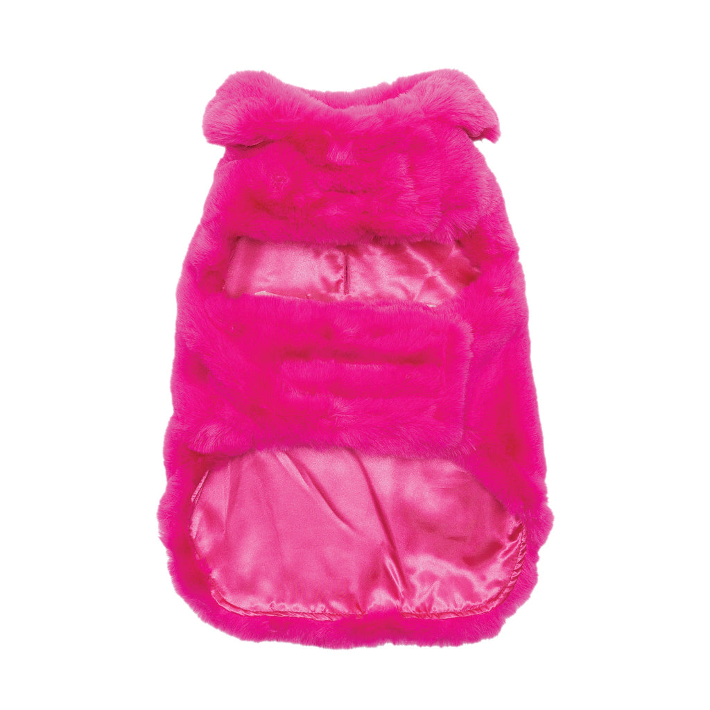 Pink plush hooded coat with quilted front and snap placket