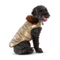 Metallic gold dog puffer coat with front zipper and stand collar