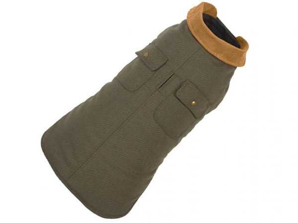 Olive green dog barn coat with hooded collar and snap front pockets