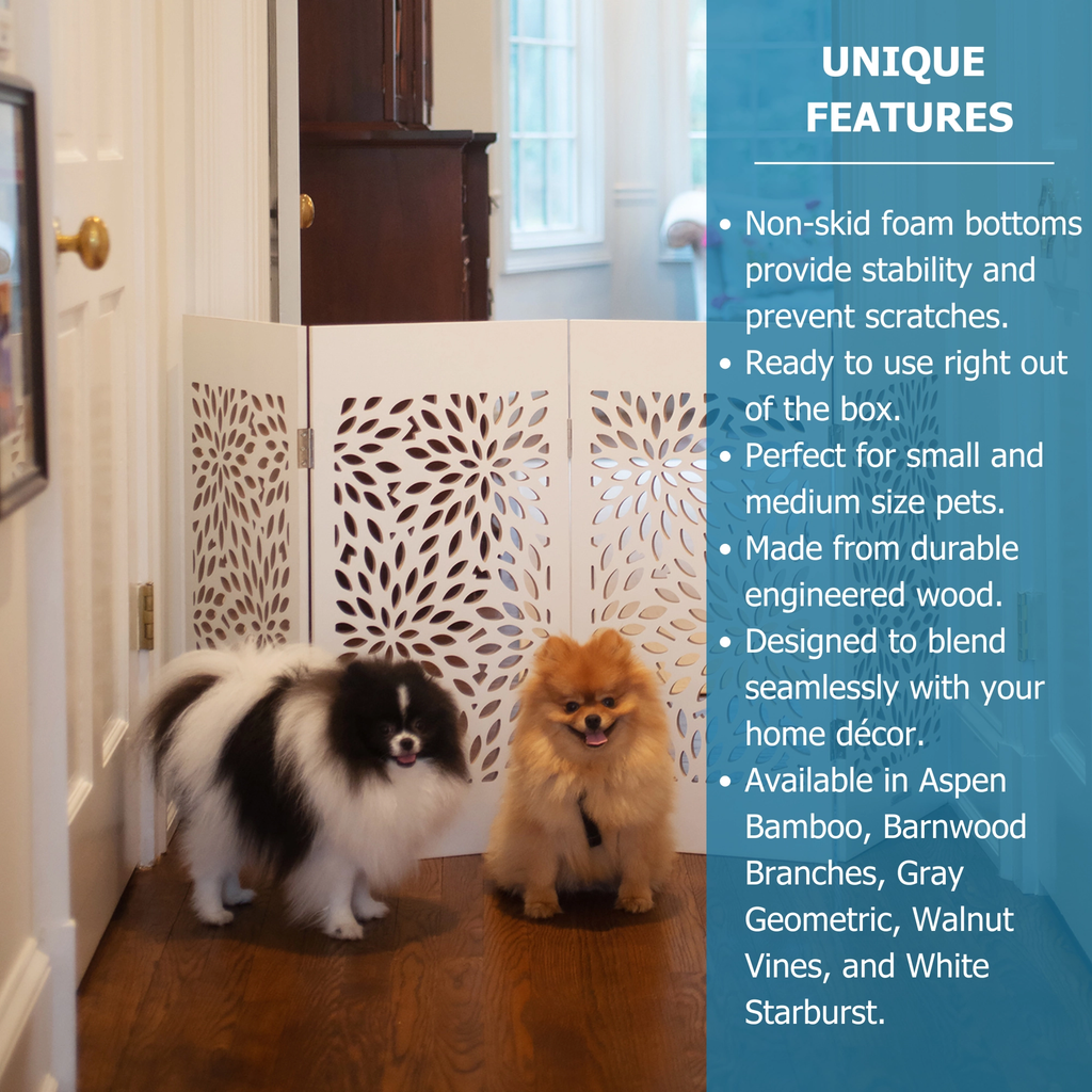 White freestanding indoor dog gate with starburst pattern, shown with small and medium dogs.