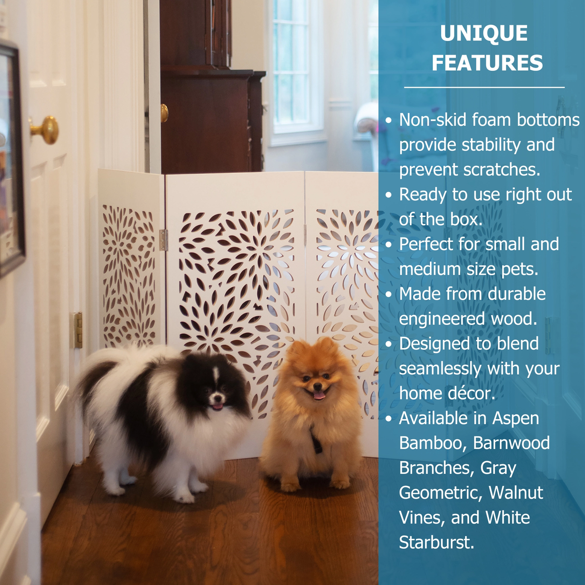 White freestanding indoor dog gate with starburst pattern, shown with small and medium dogs.